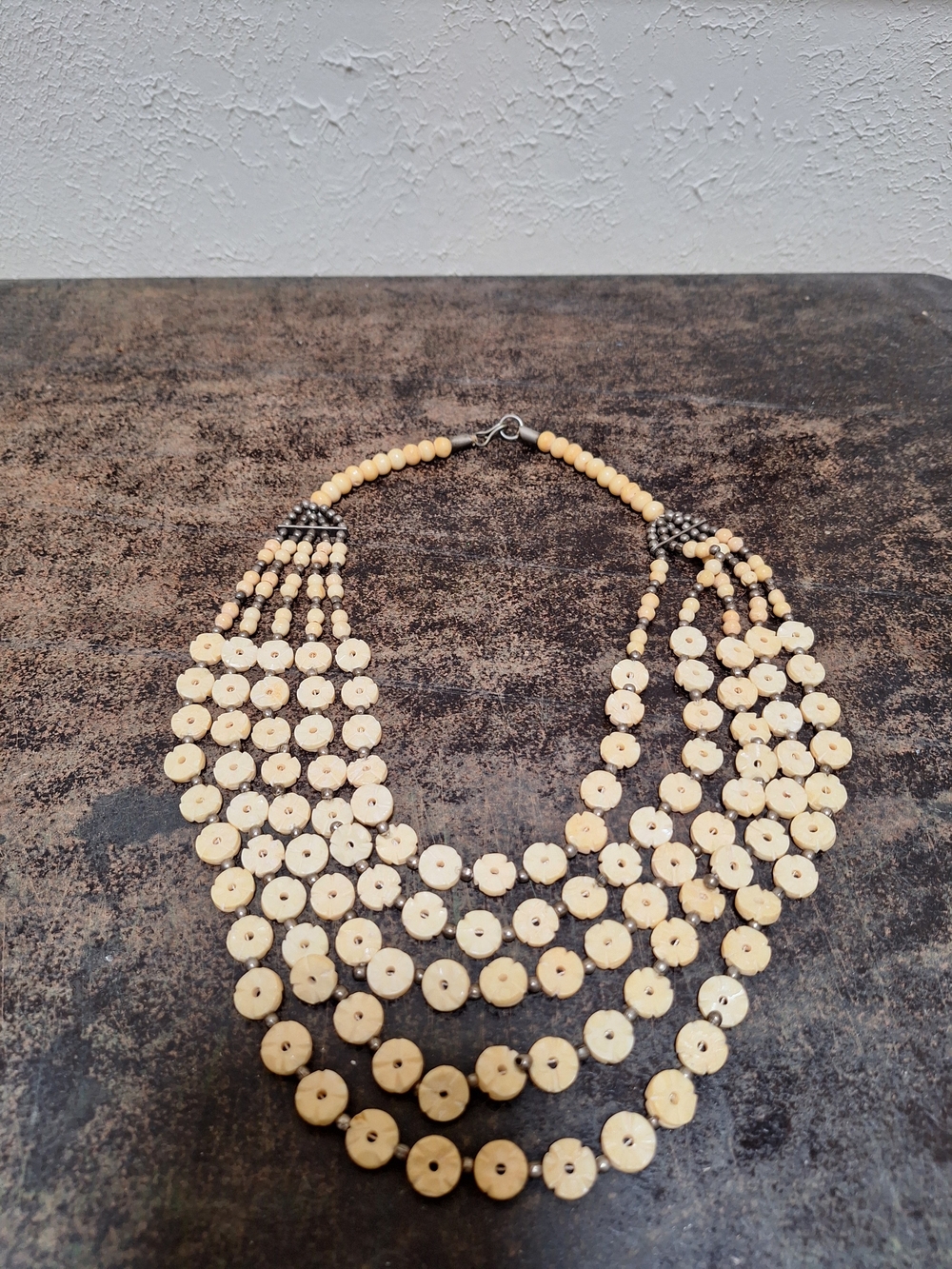 Vintage Multi-Strand Cream Beaded Statement Necklace Carved Bone-Like Material